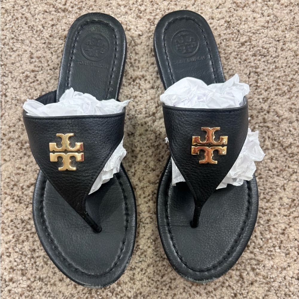 Tory Burch Black Leather Sandals with Gold Emblem